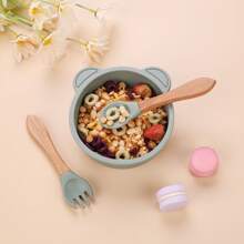 3 pezzi Set di ciotole per bambini in silicone con piatto con ventosa, cucchiaio e forchetta in legno, sicuro per microonde e lavastoviglie