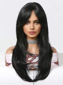 Pelucas negras largas y rectas con flequillo para mujer, peluca de pelo sintético de aspecto Natural en capas negras de 24 pulgadas para fiesta diaria, Cosplay