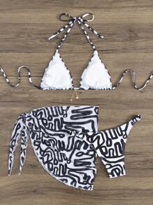 时尚女士金属海星装饰性感比基尼套装夏季带罩衫和迷你裙，欧美风格热销泳衣 - 黑與白 - 查看 8