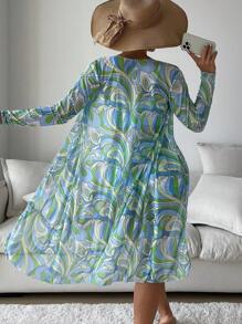 3-Pieces Geometric Print Bikini Sets, V Neck Boxer Short Bottom With Cover Shirt Long Sleeves Swimsuit, Women's Swimwear & Clothing Valentine's Day - 藍色 - 查看 3