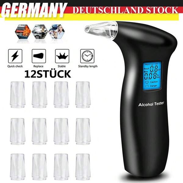 Alkoholtester Testsieger Polizeigenau Promille-Test Atem-Messgerät 12 Mundstücke