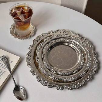 1 件复古托盘、杯垫、烛台、珠宝收纳托盘，金色或银色金属