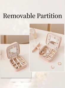 1/4pcs PU Leather Jewelry Box, Women Gifts, Mini Jewelry Organizer With Mirror, Necklace And Earring Display Holder, Pink Travel Essentials