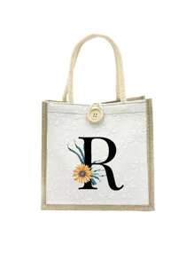 Daisy Flowers Initials Pattern Handbag,Letters A-Z Printed Linen Handbag,Small Floral Linen Button Decorative Handbag - White - View 12