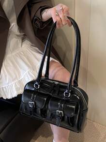 复古女士大容量单肩包，时尚休闲腋下手提包，时尚通勤枕头包 - 黑色 - 查看 2