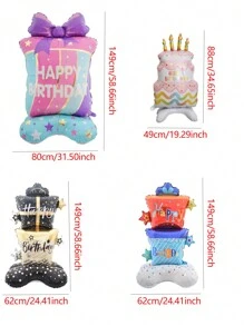 1pc Oversized Standing Bottom Gift Box Balloon With Bow And Star Design, Black & Gold Birthday Box Balloon For Birthday Party Decor - Multicolor - View 3