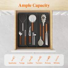Utensil Drawer Organizer, Expandable Cooking Silverware Tray For Kitchen Drawer, Adjustable Cutlery Flatware Holder, Plastic Spatula Tools And Gadgets Storage Divider, 3 Compartments - màu đen - Xem 2