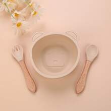 3 pezzi Set di ciotole per bambini in silicone con piatto con ventosa, cucchiaio e forchetta in legno, sicuro per microonde e lavastoviglie