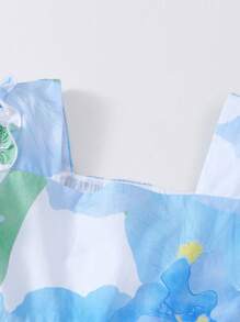 Annil 女童花卉印花方领荷叶边袖宽松可爱罩衫连衣裙 - 藍色 - 查看 4