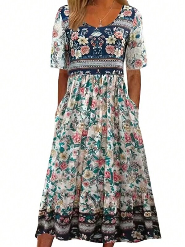 Sukienka damska na lato z okrągłym dekoltem i kwiatowym nadrukiem w dużych rozmiarach