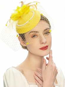 1 件迷人帽子 20 年代 50 年代帽子 药盒帽 茶会头饰 带面纱 适合女孩和女士 - 黃色 - 查看 2