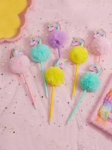 1pc Cartoon Unicorn Plush Ball Pen, Cute Fluffy DIY Stationery Pen For Girls, Student School Reward Gift (Random Style) - Multicolor - View 2