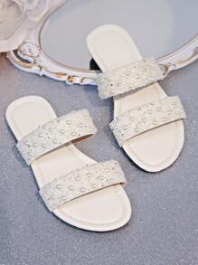 Summer Women Fashion Flat Sandals, New 2025 Model, Crystal Embellished Slip-On Flat Mules, Open Toe, Luxury Casual, Plus Size