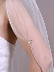 Velo de novia con colgante de flor de cristal, borde ondulado de tul suave con cuentas de longitud hasta la punta de los dedos para decoración de boda, fiesta y ropa de otoño para mujeres