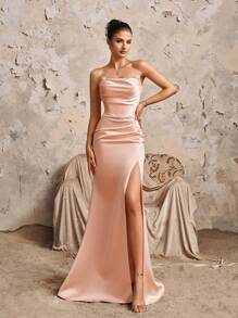Pink Satin Sleeveless Ruched Tie-Up Fitted Split Front Elegant Bridesmaid Dress, Valentine's Day Dress