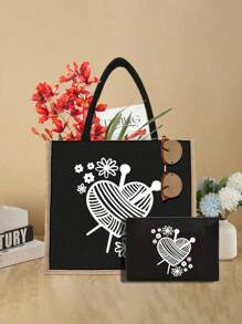 Tweedelige set linnen tassen, uitgerust met kleine make-uptassen, gebreide harten en bloemenpatronen - lichtgewicht en stijlvolle boodschappentassen voor dames, gepersonaliseerde geschenken voor huwelijksjubilea en verjaardagen van vrienden - Zwart - Bekijken 6