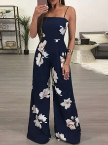 Elegant Floral Printed Sleeveless Jumpsuit, Summer - Blue - View 3