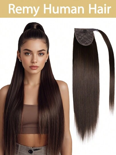 #2 Real Human Hair Ponytail Extensions, Deep Brown Color, Easy To Install Clip-In Ponytail Hair Extensions