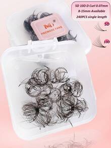 240pcs 5D 10D Single Length Tray 8-15mm 0.07mm Thickness D-Curl Pointed Promade Fluffy Loose Eyelash Extensions, Handmade Individual Lashes - D - View 1