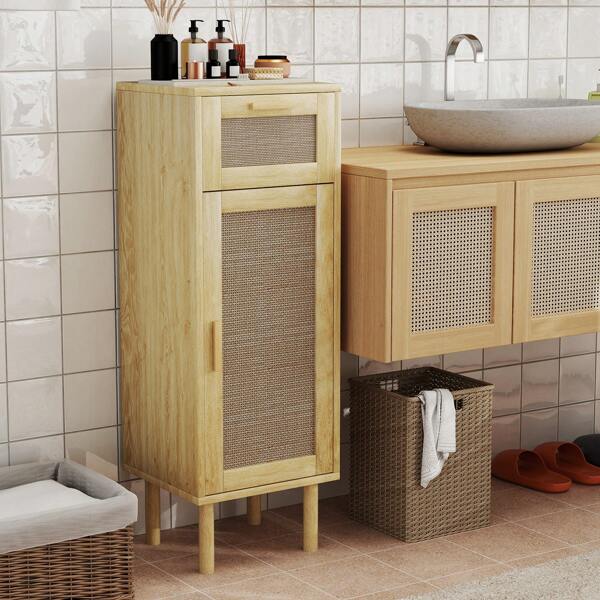 HOMCOM Armoire de salle de bain HOMCOM, unité de rangement de style bohème avec tiroir et placard, étagères réglables, porte en rotin, armoire pour salle de bain, salon, cuisine - 32 x 30 x 92 cm, décoration de salle de bain d'été pour maquillage, retour à l'école