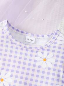 طقم للرضع والبنات الصغيرات مكون من توب قصير بطبعة زهرية بكشكشة بدون أكمام + أوفرول شورت بتطريز بأزهار الداوري البنفسجية مع أشرطة قابلة للتعديل