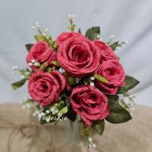 Artificial Button Bouquet With 7 Flowers For Party, Wedding, Home And Photo Decoration - Rojo otoño - Ver 5