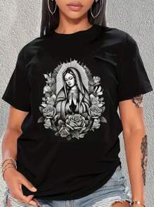 Our Lady Virgen De Guadalupe Virgin Mary Floral  T-Shirt Print Crew Neck T-Shirt, Women Graphic T Shirts, Casual Short Sleeve T-Shirt For Spring & Summer, Women's Clothing - 黑色 - 查看 1
