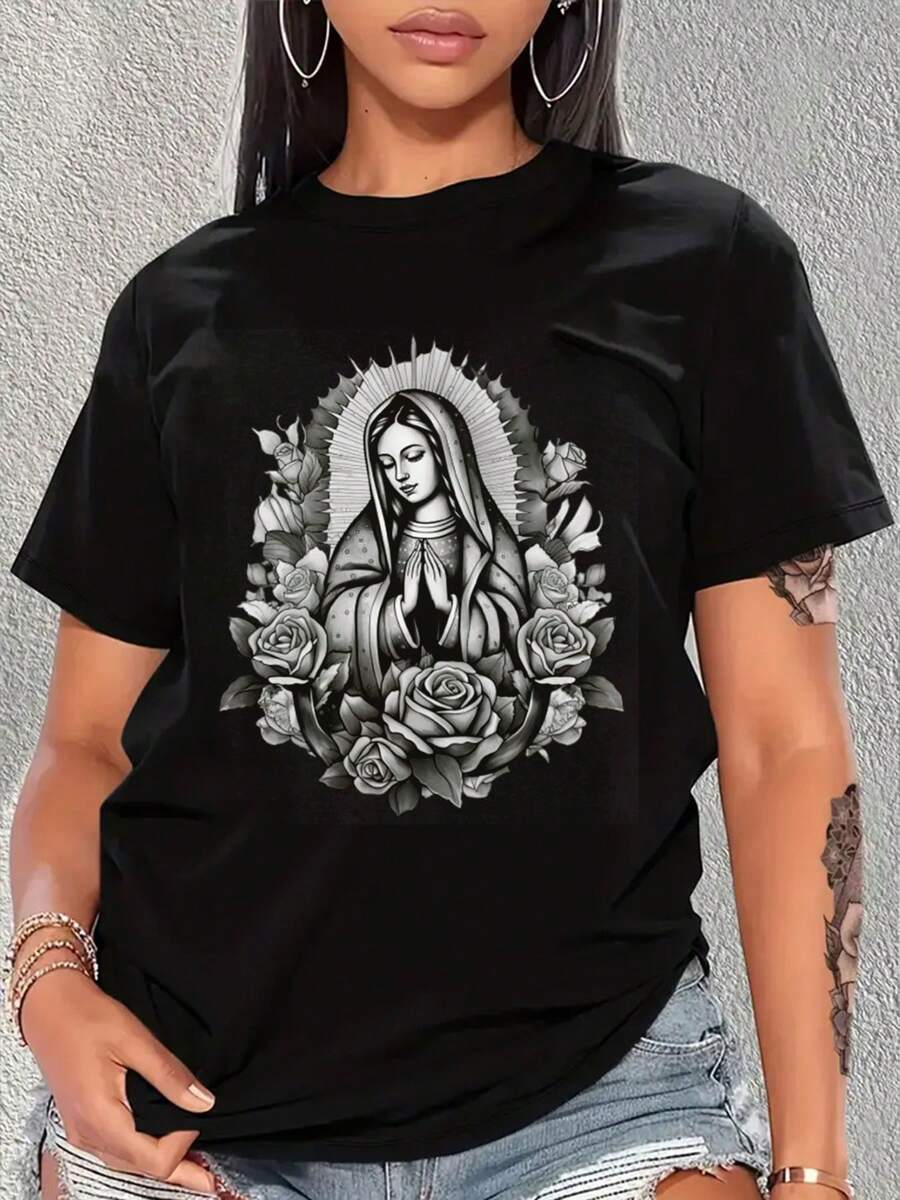 Our Lady Virgen De Guadalupe Virgin Mary Floral  T-Shirt Print Crew Neck T-Shirt, Women Graphic T Shirts, Casual Short Sleeve T-Shirt For Spring & Summer, Women's Clothing - 黑色 - 查看 1