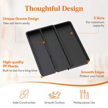 Utensil Drawer Organizer, Expandable Cooking Silverware Tray For Kitchen Drawer, Adjustable Cutlery Flatware Holder, Plastic Spatula Tools And Gadgets Storage Divider, 3 Compartments - màu đen - Xem 8