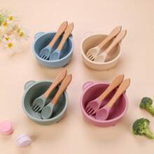 3 pezzi Set di ciotole per bambini in silicone con piatto con ventosa, cucchiaio e forchetta in legno, sicuro per microonde e lavastoviglie