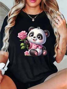 Women's Cute Panda Cartoon Graphic Tee Casual Round Neck, Stretchy Polyester Blend, Machine Washable Perfect For All Seasons - Black - View 1