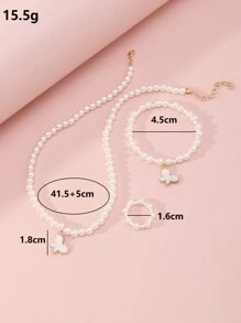 3 件套女孩蝴蝶珍珠串珠项链、手链、戒指套装