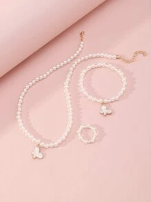 3 件套女孩蝴蝶珍珠串珠项链、手链、戒指套装