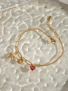 Uworld 1 pieza de brazalete de cadena de acero inoxidable de moda y personalizado para mujer con colgante de estrella de mar, concha, corazón y piedra natural. Adecuado para uso diario, vacaciones, playa o como regalo