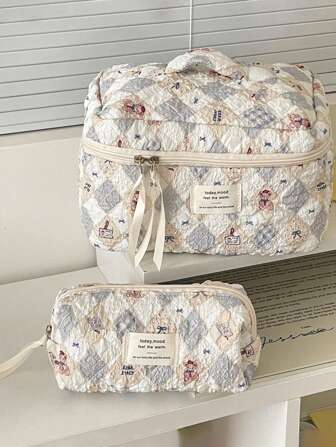 复古菱形泰迪熊化妆包，拉链化妆袋，柔软皱褶绗缝面料印花，甜美可爱，多用途化妆包，适用于家庭、旅行、日常洗漱包化妆旅行包化妆品收纳海滩沙滩包度假必需品学校用品旅行必需品女士大学宿舍浴室