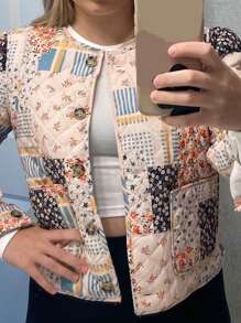 Womens Cropped Quilted Puffer Jacket Floral Gingham Printed Padded Coat Button Down Lightweight Jackets - Beige - View 4