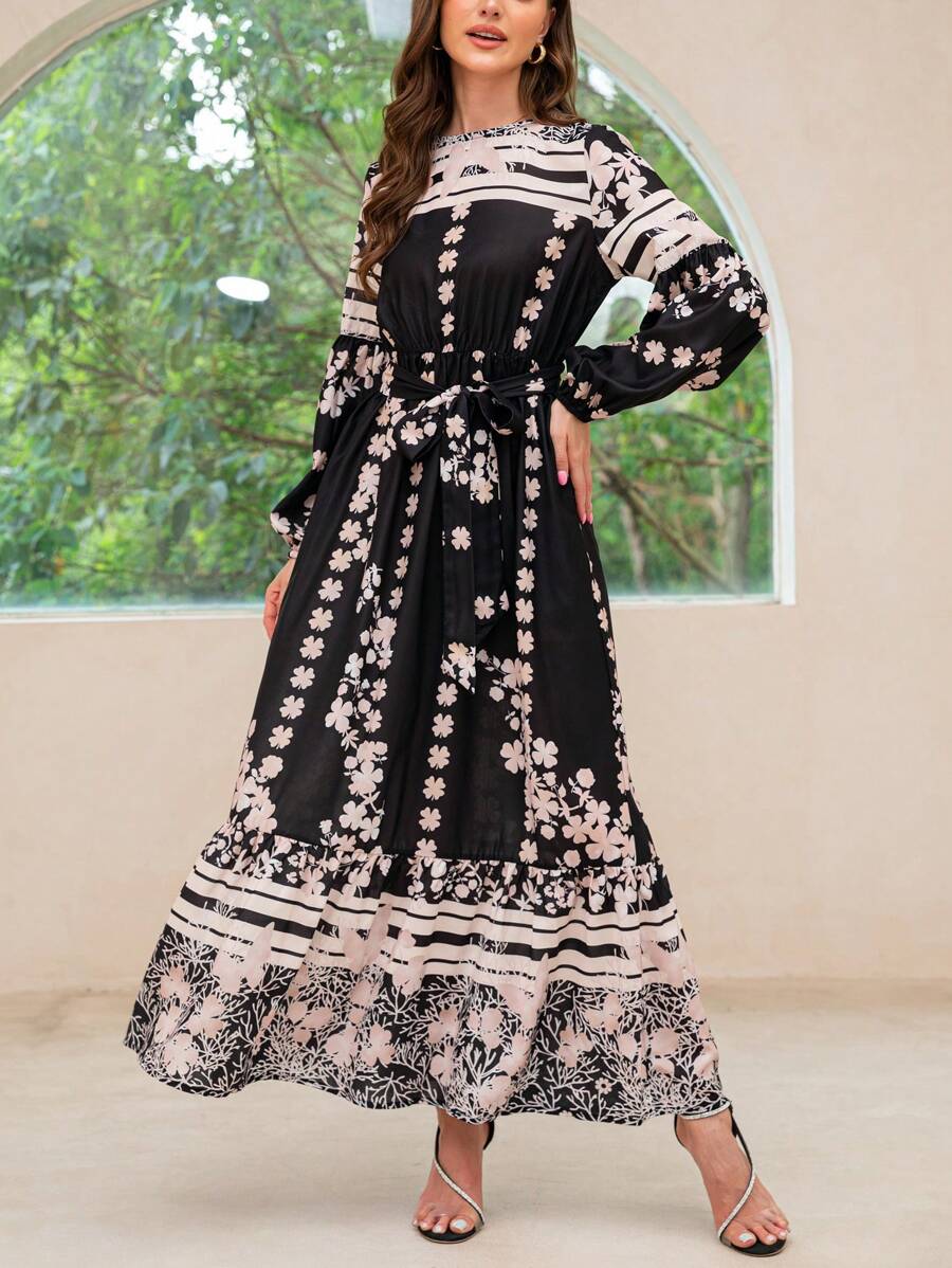 Women's Abric Style Spring Long Sleeve Floral Printed Maix Dress With ...