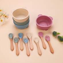 3 pezzi Set di ciotole per bambini in silicone con piatto con ventosa, cucchiaio e forchetta in legno, sicuro per microonde e lavastoviglie
