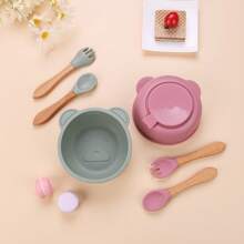 3 pezzi Set di ciotole per bambini in silicone con piatto con ventosa, cucchiaio e forchetta in legno, sicuro per microonde e lavastoviglie