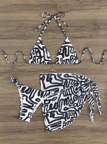 时尚女士金属海星装饰性感比基尼套装夏季带罩衫和迷你裙，欧美风格热销泳衣 - 黑與白 - 查看 9