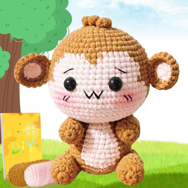 DIY Little Monkey Crochet Kit For Beginners, Amigurumi Stuffed Animals - Gift Animal Crochet Starter Kit All-In-One Complete Crochet Kit Learn To Crochet Sets With Instructions And Step By Step Video Tutorials For Adults Cute Animal Doll DIY Crafts For Home Decor Desktop Decor