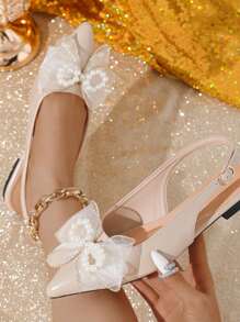 Women's Flat Loafers Pointed Toe Breathable Comfort Backless Pearl Bow Decor Shoes - Khaki - View 8