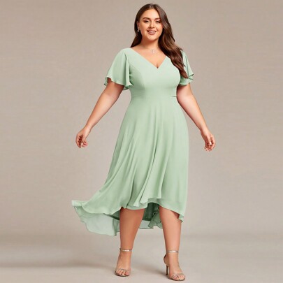 EVER-PRETTY Plus Size Elegant Spring V-Neck Ruffle Sleeve A-Line Chiffon Dress With High-Low Hemline Mint Green Bridesmaid Dress Wedding Guest Dress