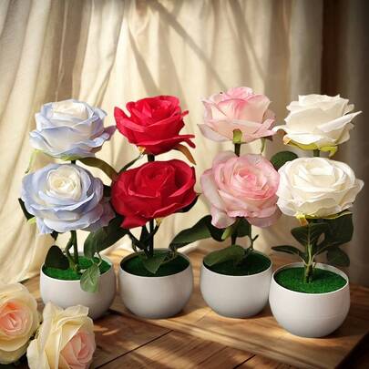 2 株超大号人造玫瑰花，适用于情人节装饰、书桌装饰、阳台、户外休闲、花园、婚礼 - 塑料花盆