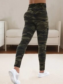 Spring/Summer Women Casual Fashionable Leggings With Gray Green Camouflage Pattern, Soft Comfortable Stretchy Skinny Pants For Fitness, Workout, Running, Weight Lifting, Home Stretching, Squatting Yoga, Outdoor Activity, 7/8 Length