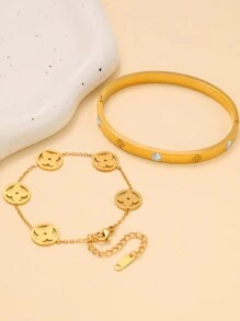 2 pièces Set de bracelets pour femme avec trèfle à quatre feuilles lisse et incrusté de cubic zirconia cubiques, convient pour de multiples occasions et cadeau pour les amis