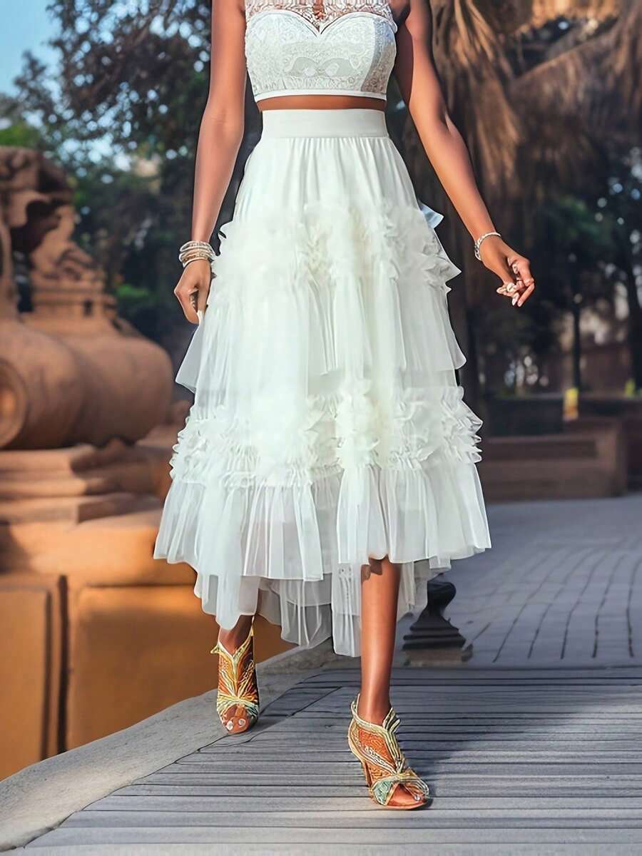 Women Mesh Skirt Elegant Long Skirt High Waist - trắng - Xem 1