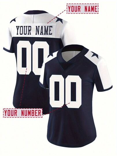 Customized Name And Number Women's Embroidered American Football Jersey Dallas Blue V-Neck Personalized Short Sleeved Shirt Party Game Training Competition Sports Top DIY S-XXL