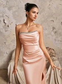 粉色缎面无袖褶皱系带修身前开叉优雅伴娘礼服，情人节礼服 - 粉色 - 查看 9
