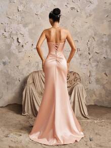 Pink Satin Sleeveless Ruched Tie-Up Fitted Split Front Elegant Bridesmaid Dress, Valentine's Day Dress